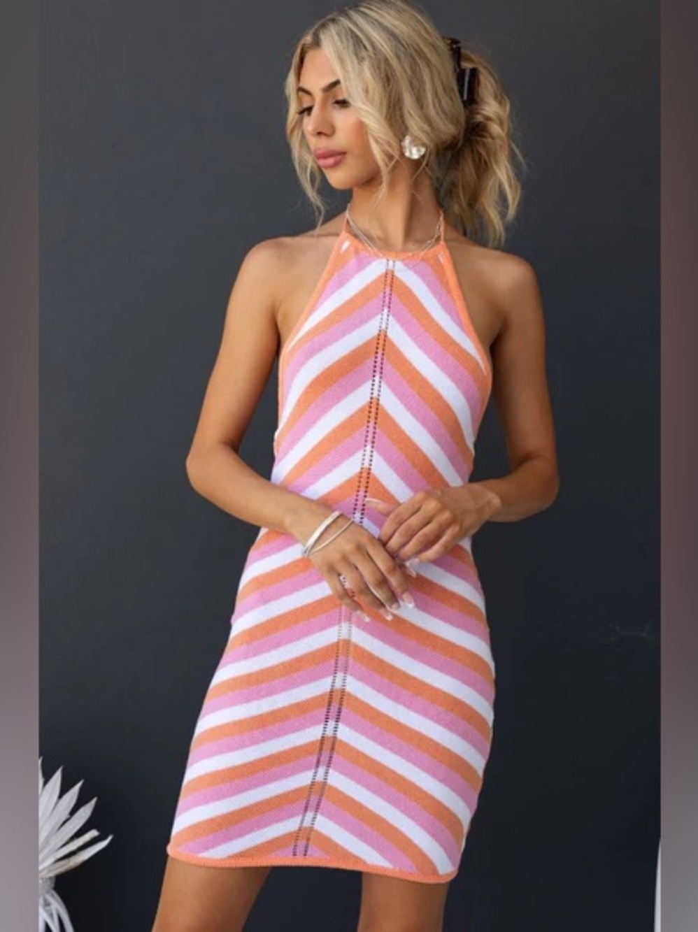 Runaway The Label Halter Dress Striped Knit Halter Dress in Pink, Orange & White
